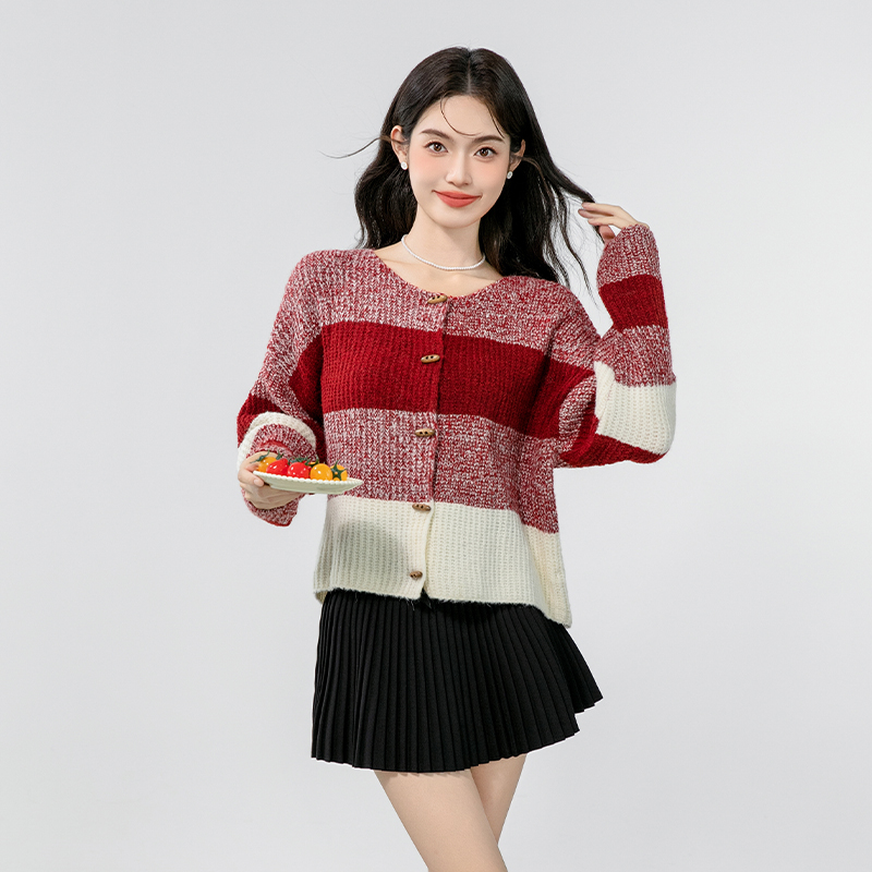 Knitted niche autumn sweater splice red tops for women