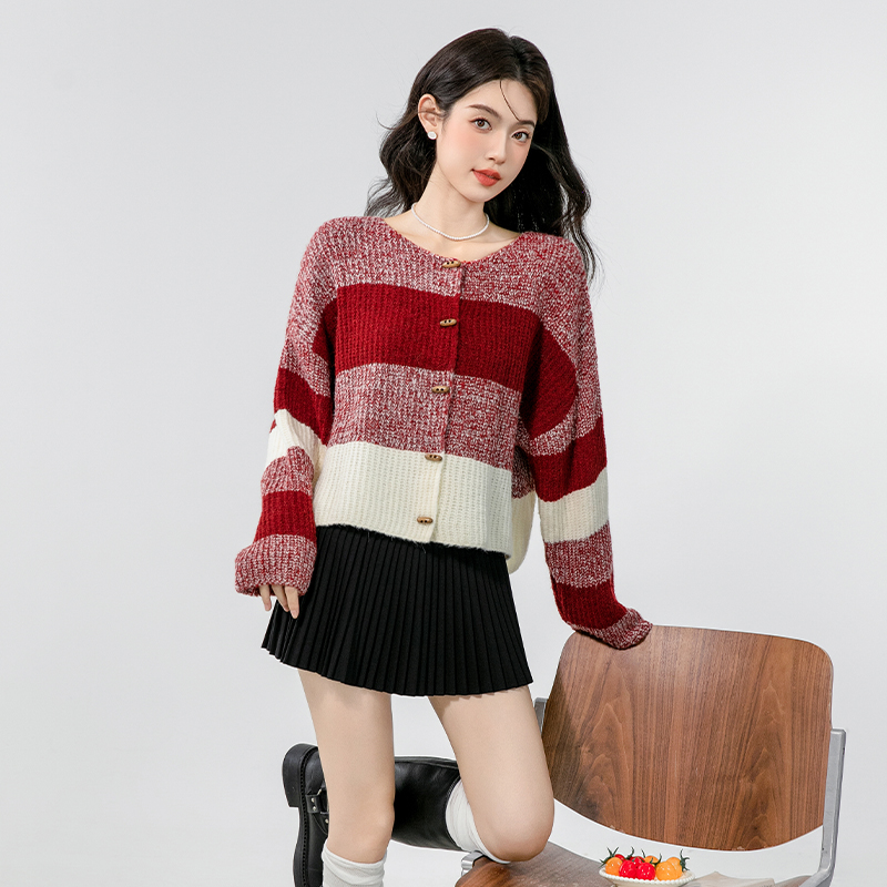 Knitted niche autumn sweater splice red tops for women