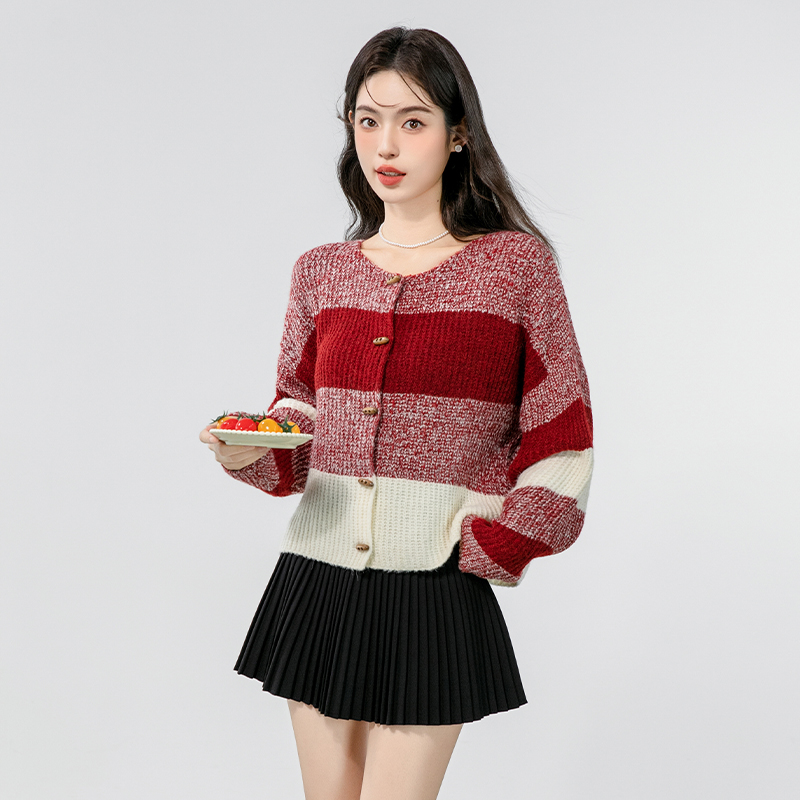 Knitted niche autumn sweater splice red tops for women