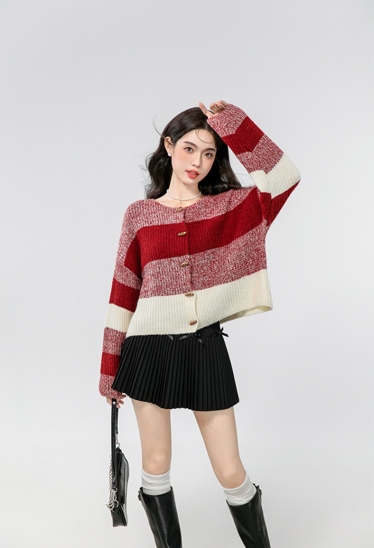 Knitted niche autumn sweater splice red tops for women