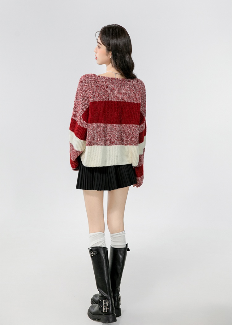 Knitted niche autumn sweater splice red tops for women