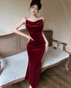 Red package hip long dress beading mermaid dress