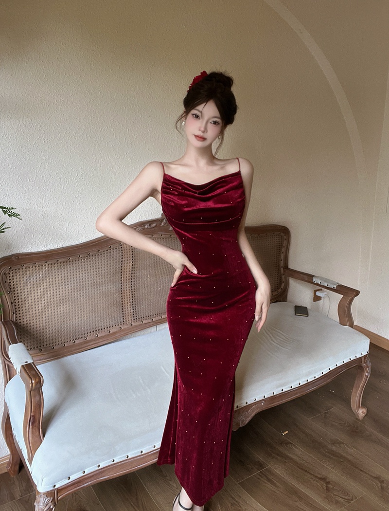 Red package hip long dress beading mermaid dress