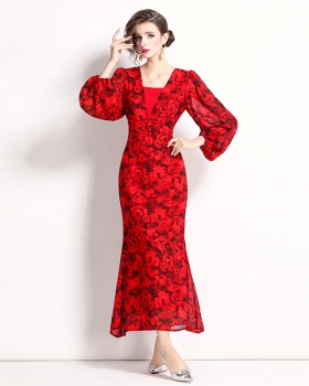 Temperament floral lantern sleeve chiffon dress