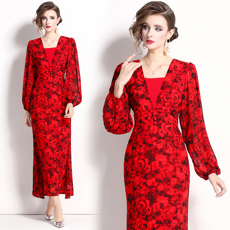 Temperament floral lantern sleeve chiffon dress