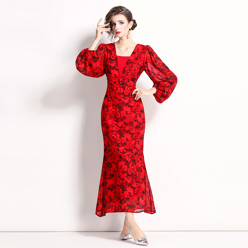 Temperament floral lantern sleeve chiffon dress