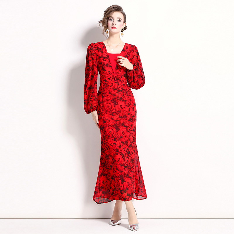 Temperament floral lantern sleeve chiffon dress