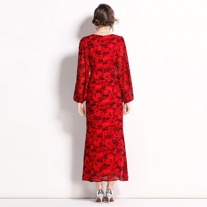 Temperament floral lantern sleeve chiffon dress