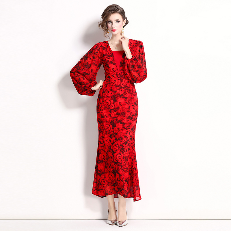 Temperament floral lantern sleeve chiffon dress