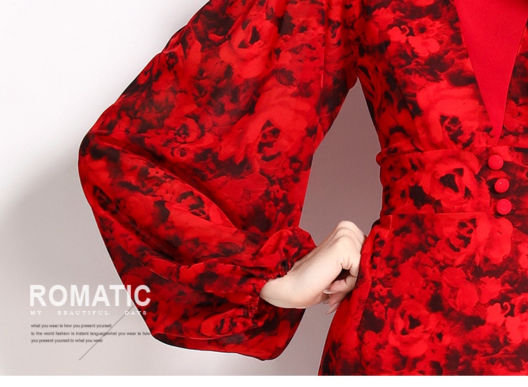 Temperament floral lantern sleeve chiffon dress