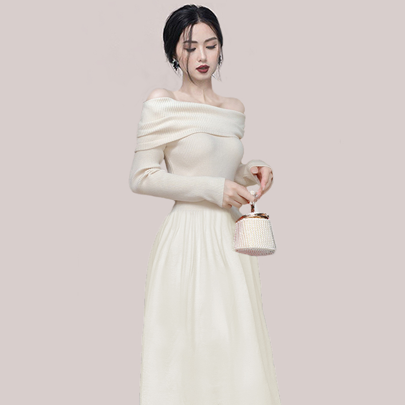 Slim flat shoulder long dress autumn dress for women