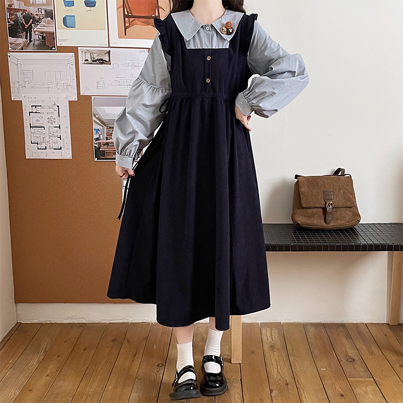 Long sleeve loose Pseudo-two college style retro dress