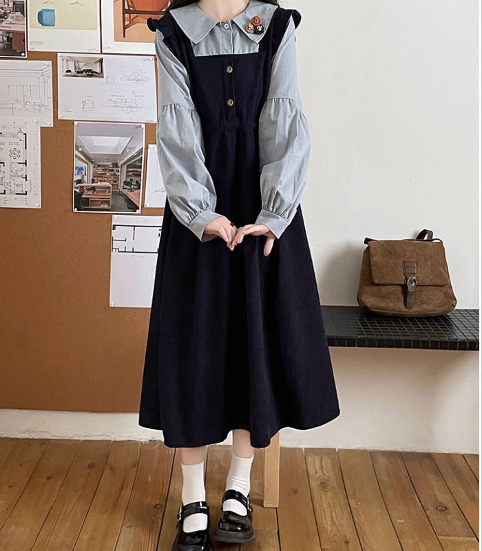 Long sleeve loose Pseudo-two college style retro dress