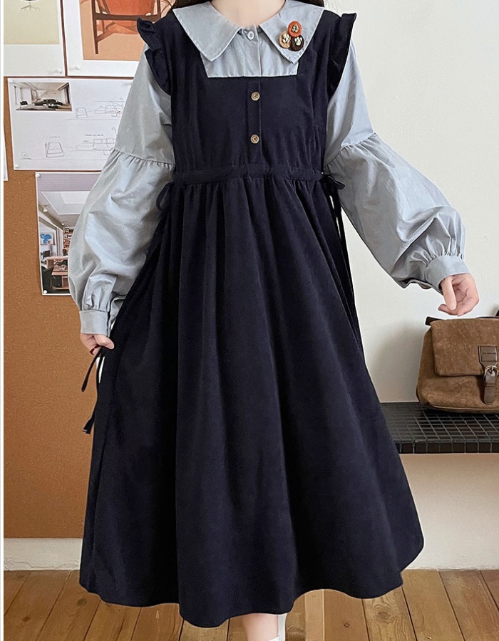 Long sleeve loose Pseudo-two college style retro dress