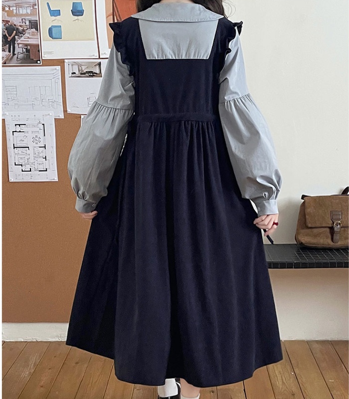 Long sleeve loose Pseudo-two college style retro dress