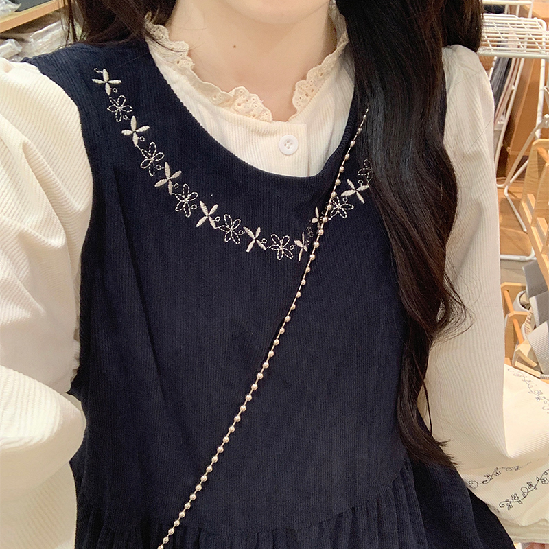 Round neck embroidery retro vest lace loose dress 2pcs set