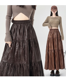 PU fold big skirt skirt autumn slim long skirt for women