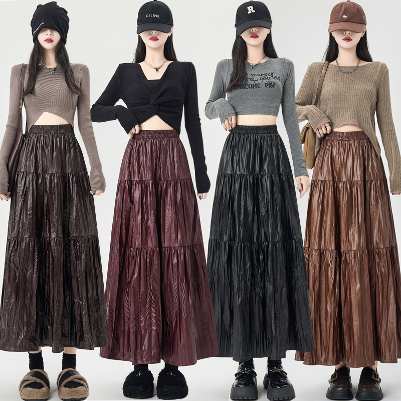 PU fold big skirt skirt autumn slim long skirt for women