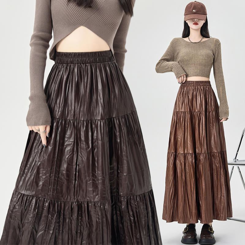 PU fold big skirt skirt autumn slim long skirt for women