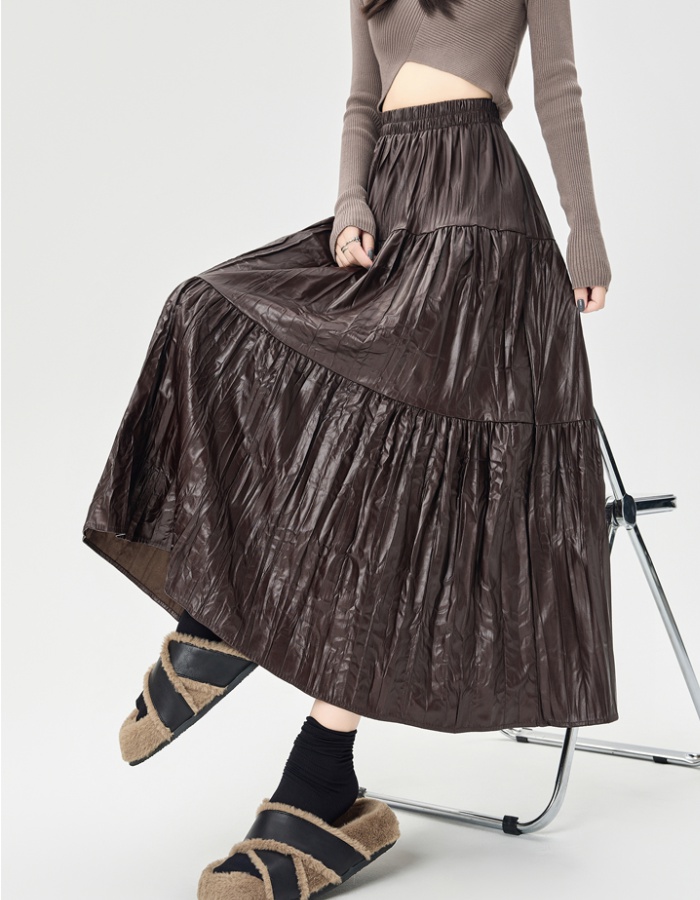 PU fold big skirt skirt autumn slim long skirt for women