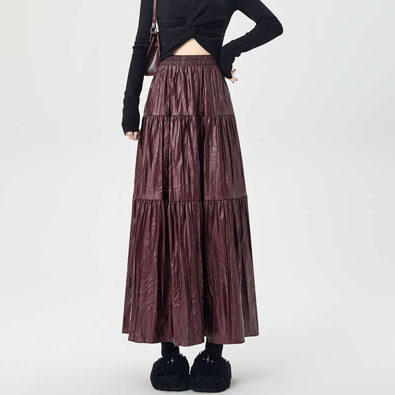 PU fold big skirt skirt autumn slim long skirt for women