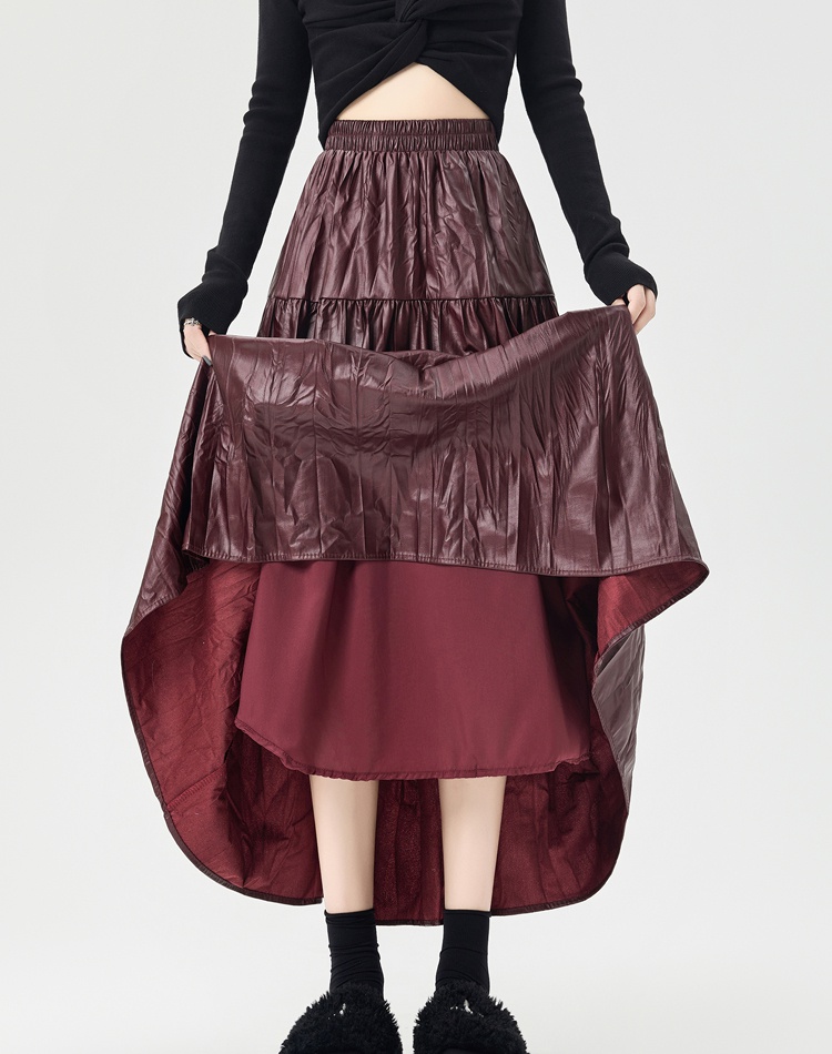 PU fold big skirt skirt autumn slim long skirt for women