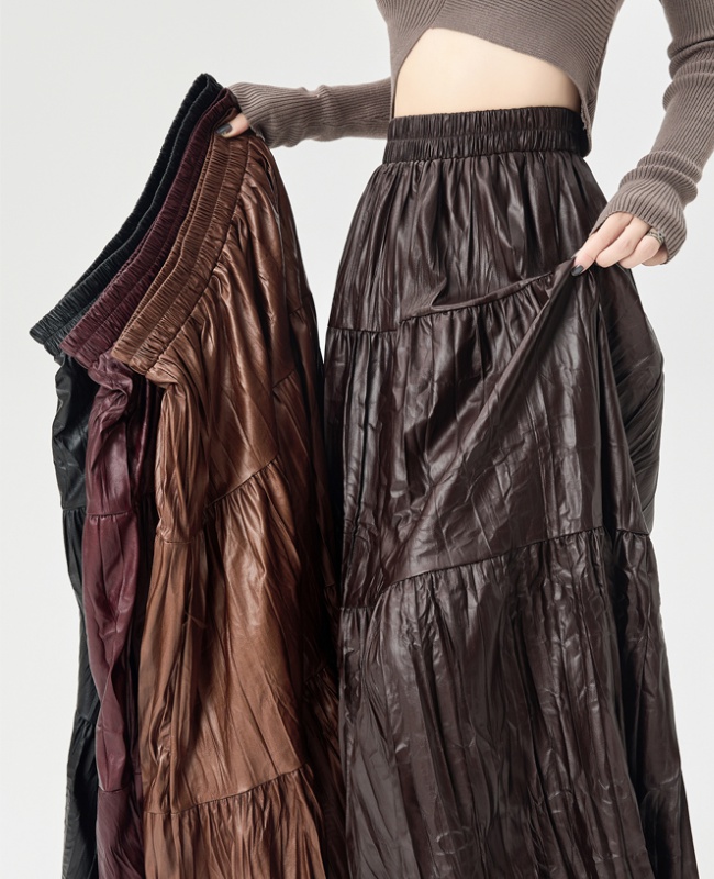 PU fold big skirt skirt autumn slim long skirt for women