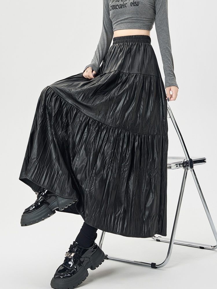 PU fold big skirt skirt autumn slim long skirt for women