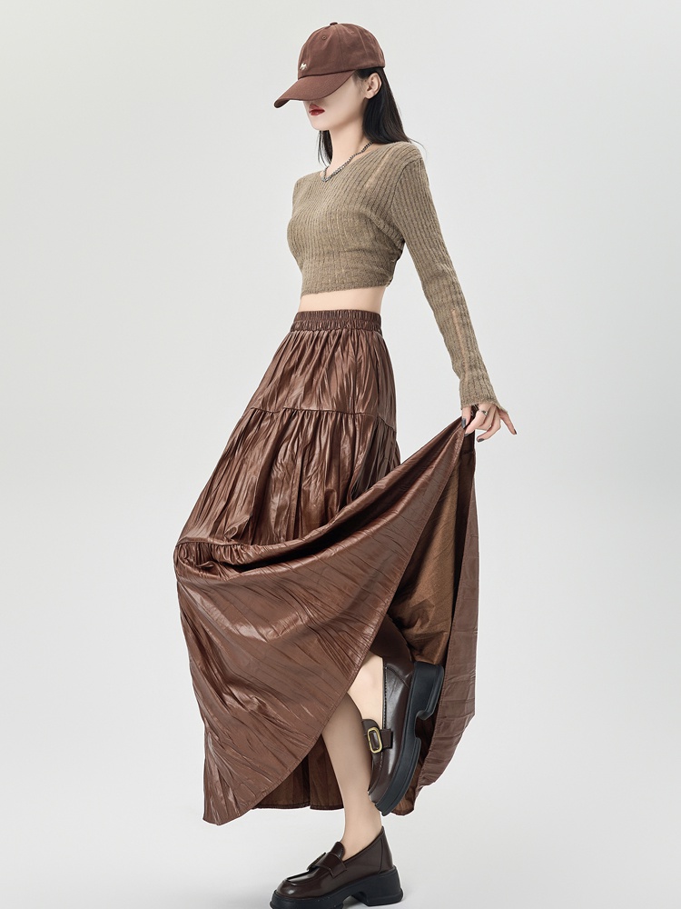 PU fold big skirt skirt autumn slim long skirt for women