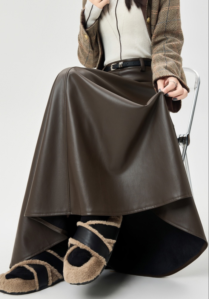 Slim pleated leather skirt PU drape skirt for women