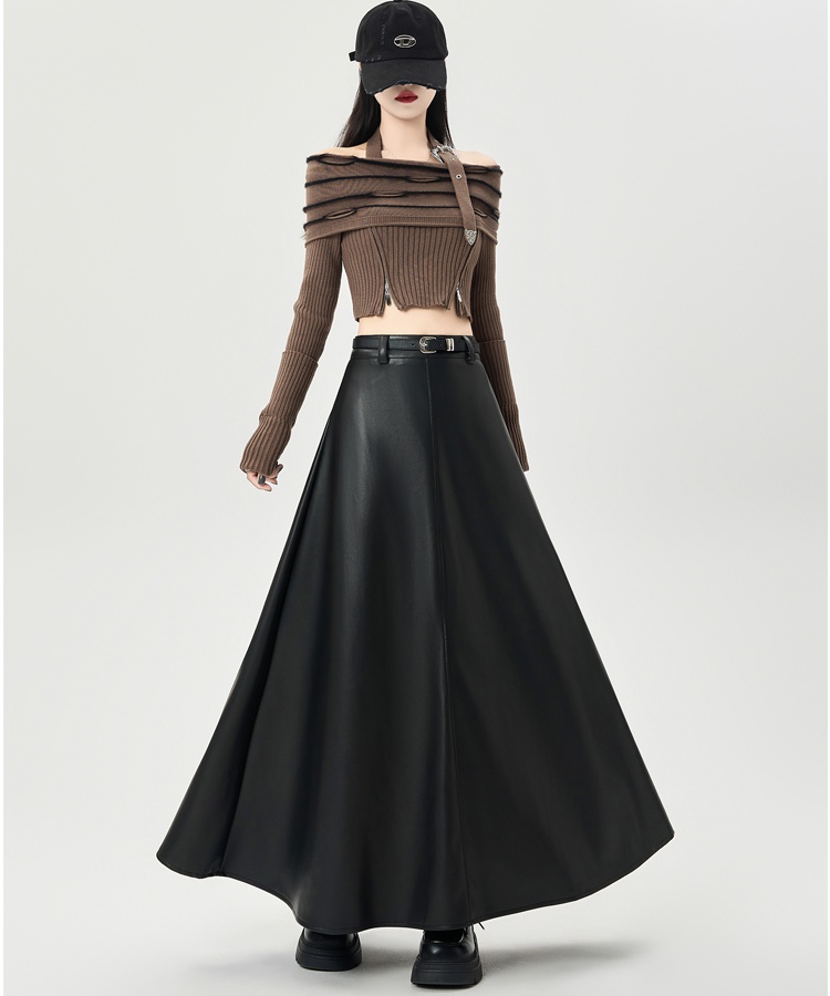 Slim pleated leather skirt PU drape skirt for women