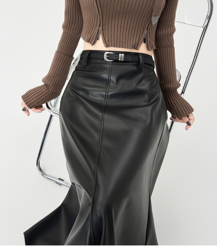 Slim pleated leather skirt PU drape skirt for women