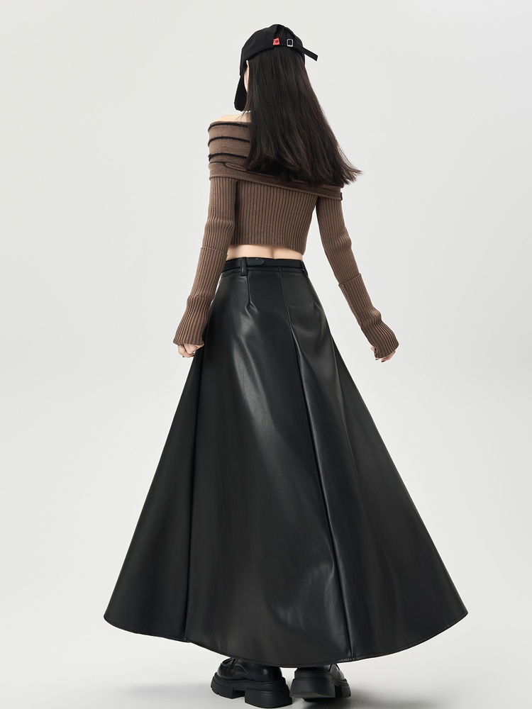 Slim pleated leather skirt PU drape skirt for women