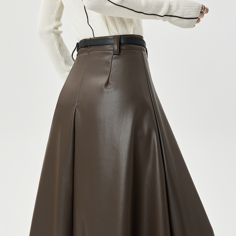 Slim pleated leather skirt PU drape skirt for women