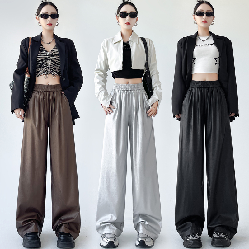 PU retro leather pants wide leg Casual pants