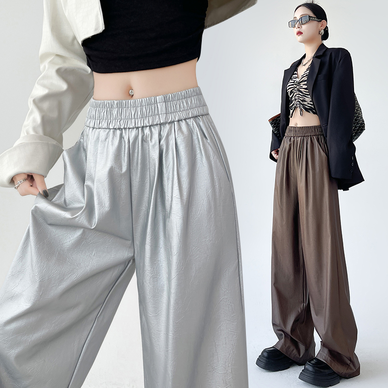 PU retro leather pants wide leg Casual pants