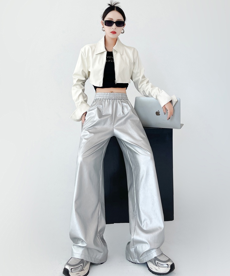 PU retro leather pants wide leg Casual pants