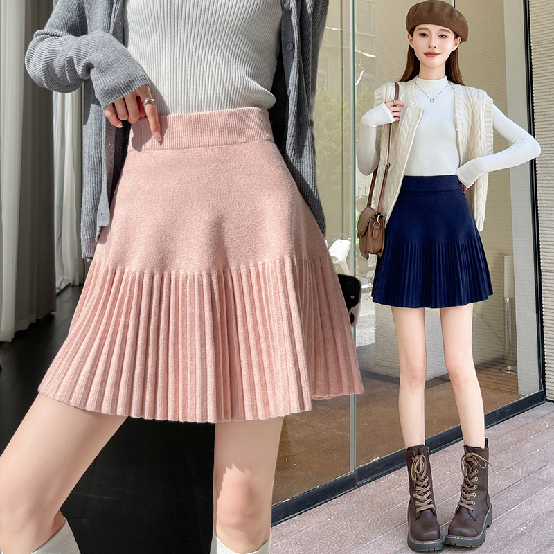 A-line fold slim short skirt pleated knitted skirt for women