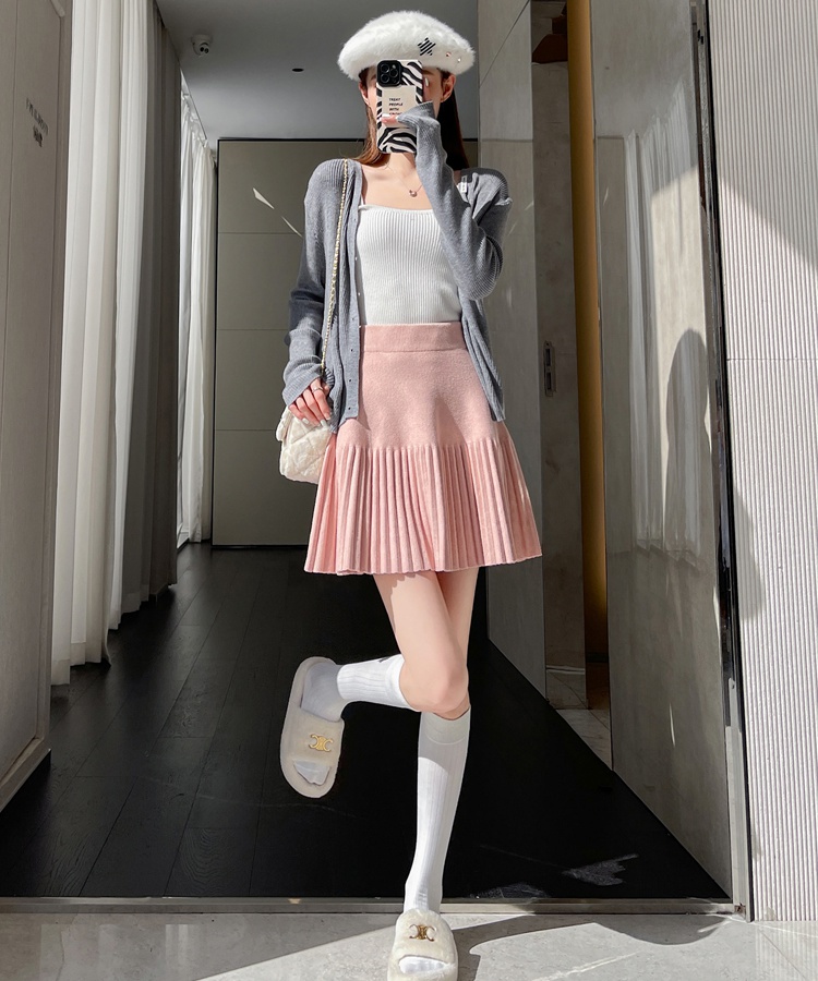 A-line fold slim short skirt pleated knitted skirt for women