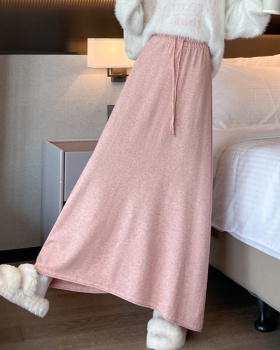 Long pure drawstring slim A-line knitted skirt for women