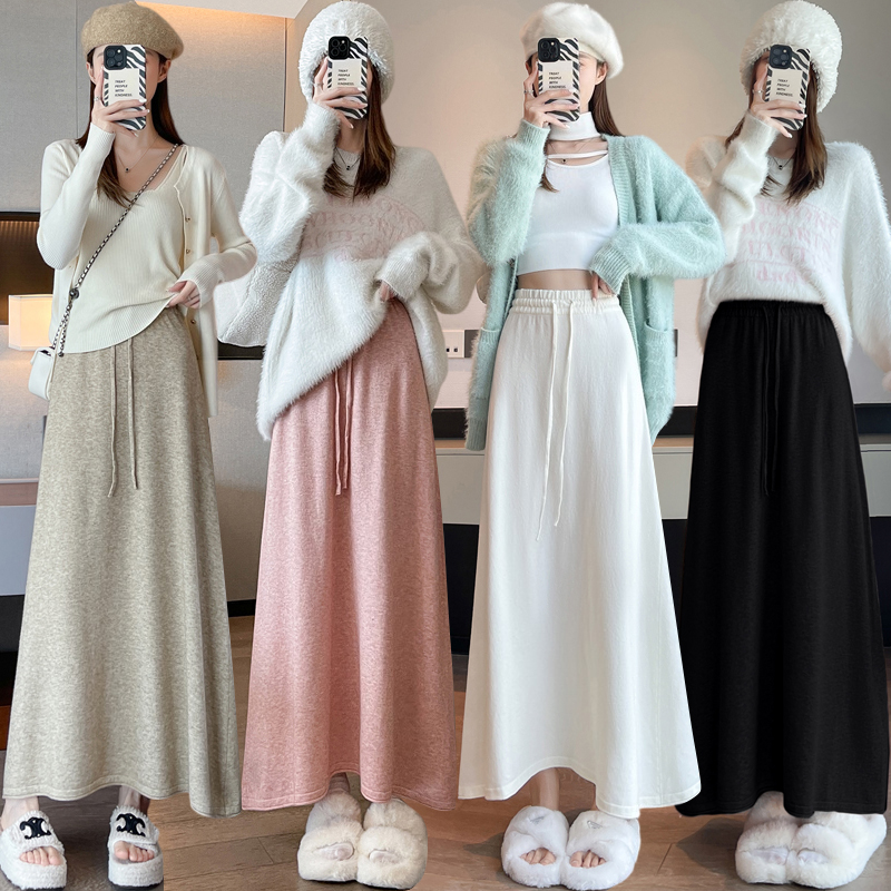 Long pure drawstring slim A-line knitted skirt for women