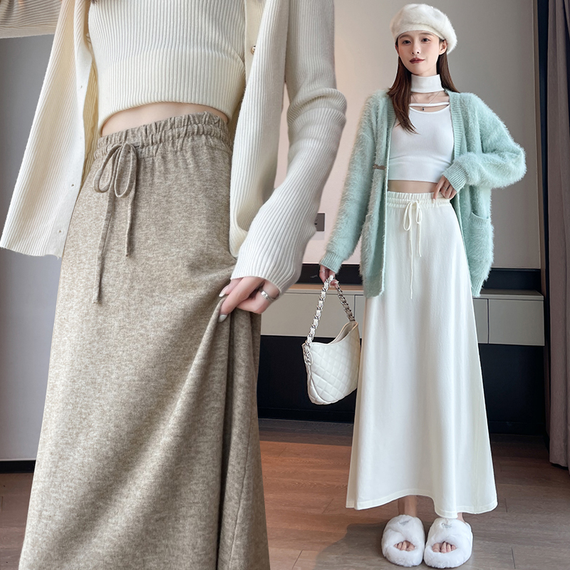 Long pure drawstring slim A-line knitted skirt for women