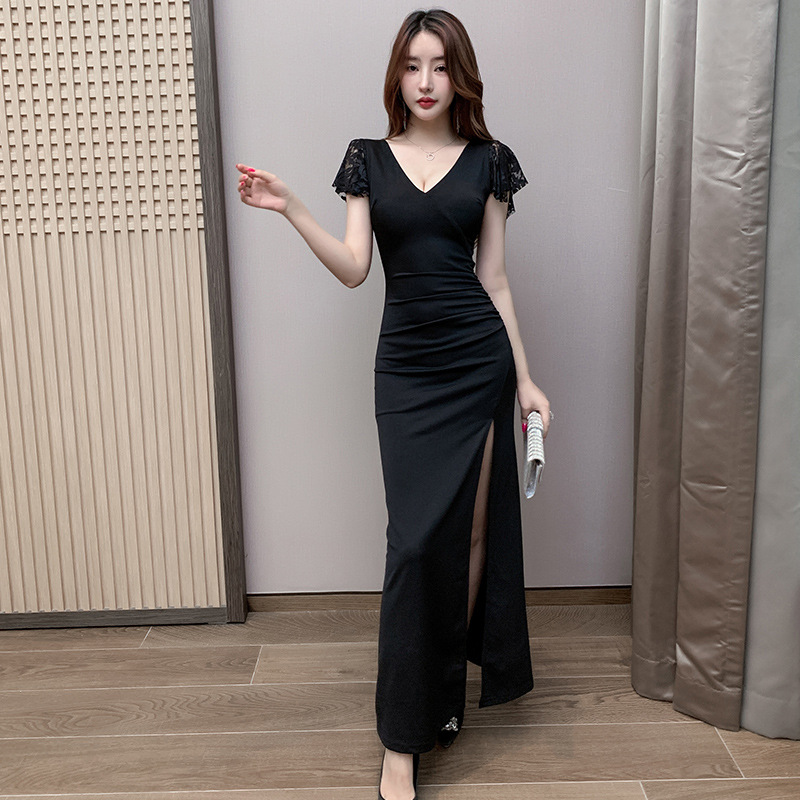 Sexy spring and summer long dress split low-cut evening dress