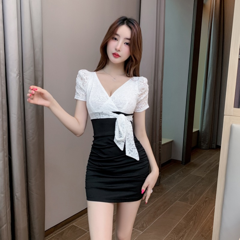 Sexy Pseudo-two package hip enticement V-neck dress for women