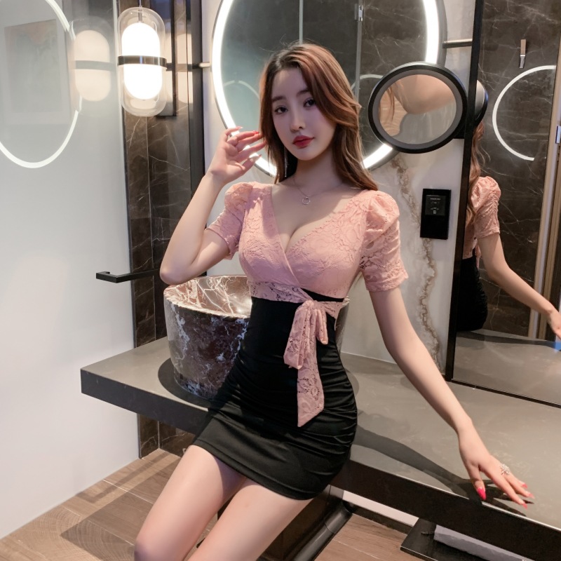 Sexy Pseudo-two package hip enticement V-neck dress for women