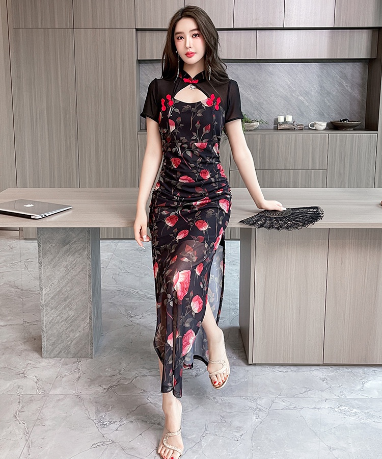 Fashion temperament dress package hip floral cheongsam