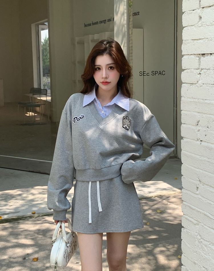 All-match embroidery skirt slim splice hoodie a set