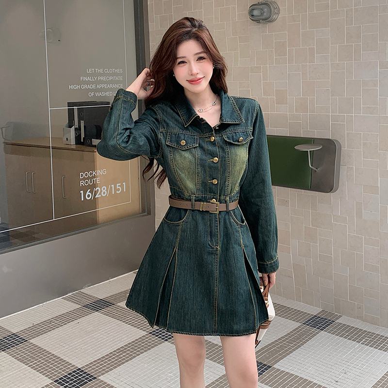 Temperament slim pinched waist retro autumn denim dress