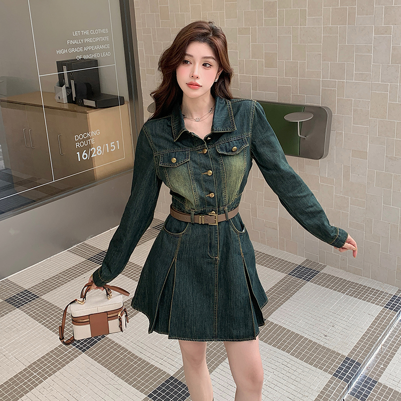 Temperament slim pinched waist retro autumn denim dress