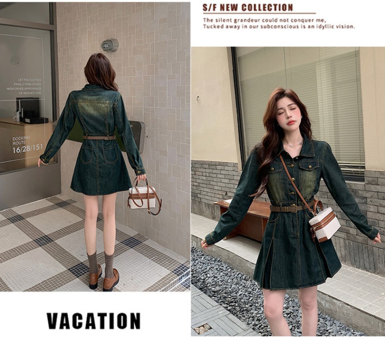 Temperament slim pinched waist retro autumn denim dress